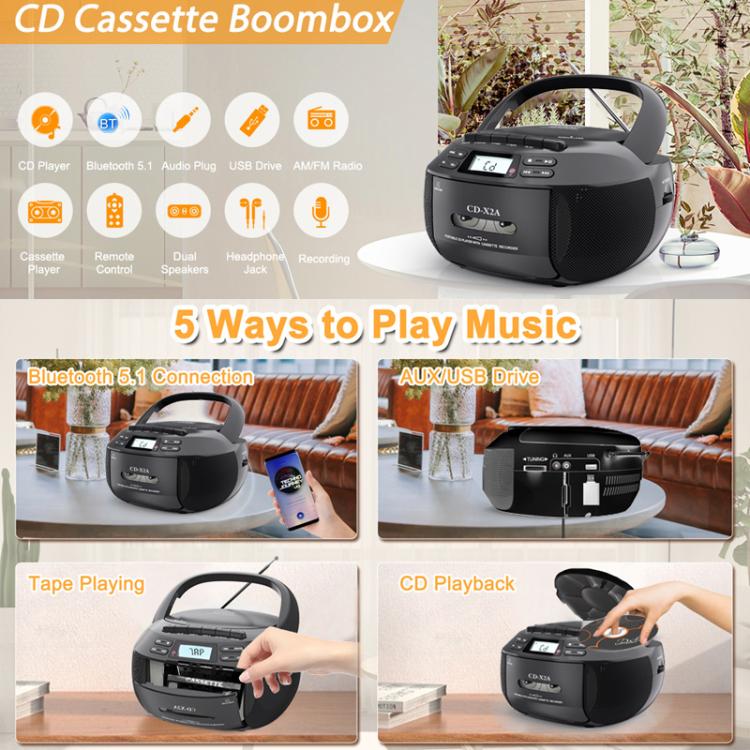 X2A Portable Cassette Player Stereo Bluetooth AM/FM/MP3 Music CD Player Tape Recorder