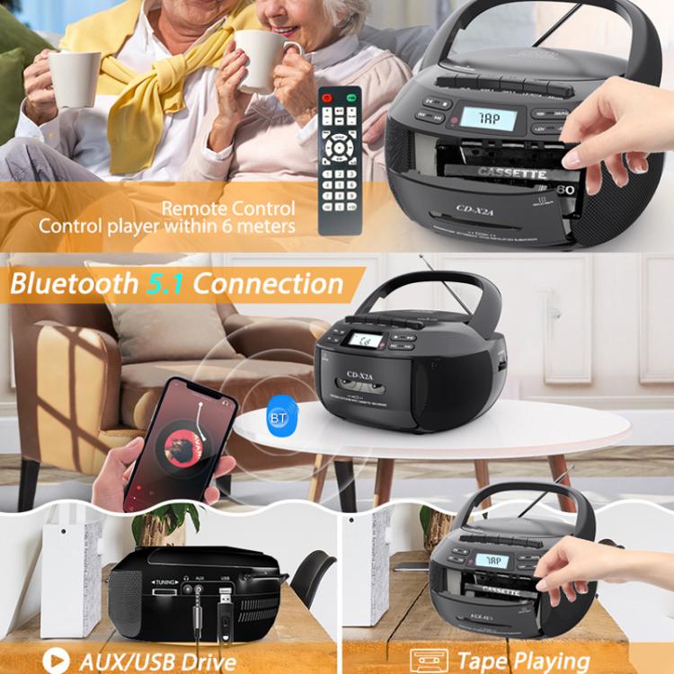 X2A Portable Cassette Player Stereo Bluetooth AM/FM/MP3 Music CD Player Tape Recorder