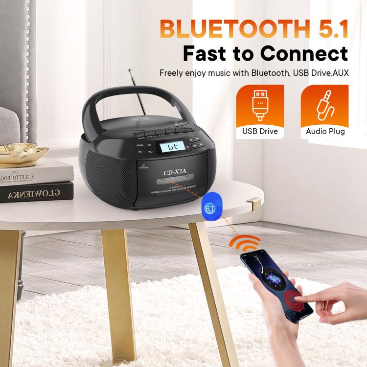 X2A Portable Cassette Player Stereo Bluetooth AM/FM/MP3 Music CD Player Tape Recorder