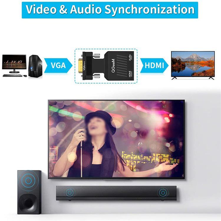 QGeeM VGA Male To HDMI Female Adapter With 5V Micro USB Power & Audio Transmission 1080P 60Hz