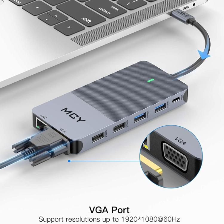 MCY 12-In-1 USB-C Hub With Triple Monitor Support (1000Mbps Lan+VGA+USB3.0/USB2.0+SD/TF+2 HDMI 4K 30Hz+85W PD）