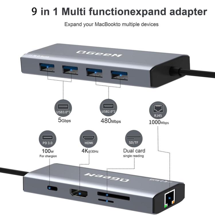 QGeeM 9 In 1 USB-C/Type-C Docking Station Hub RJ45+4K 30Hz HDMI+PD 85W+USB2.0/USB3.0+SD/TF