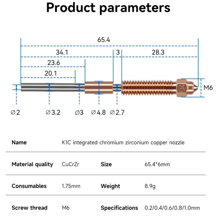 All-in-One Chrome Zirconium Copper Nozzle for Creality Ender-3 V3/K1C/K1 Max 3D Printers