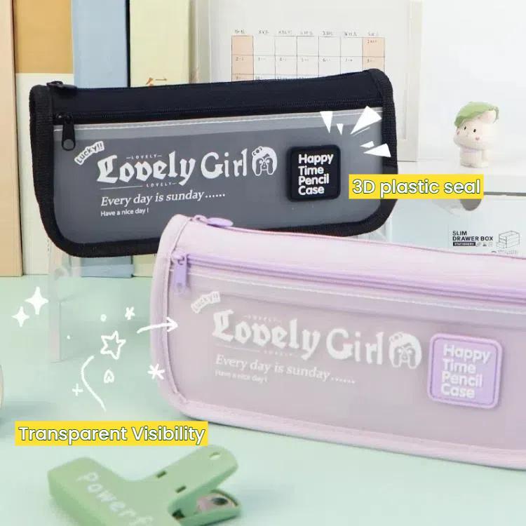 Cute Large Capacity Pencil Case with Transparent Front Pocket School Supplies Organizer