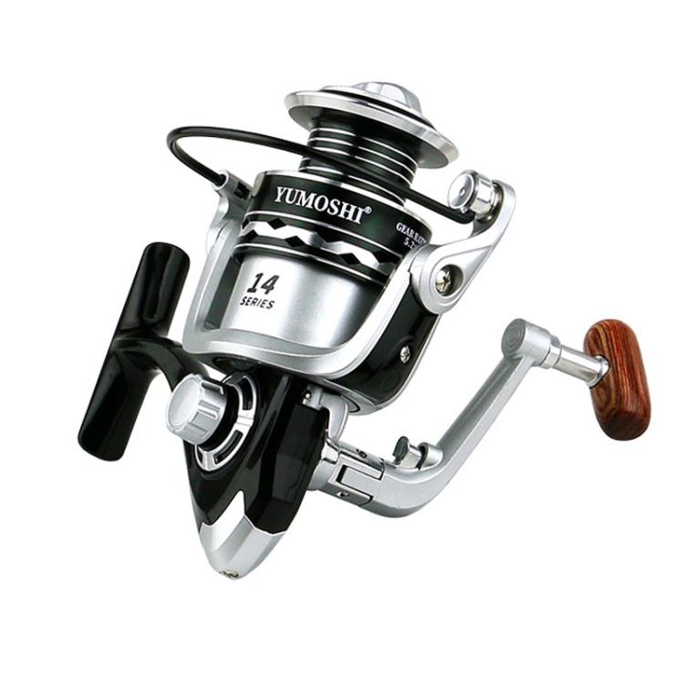 YUMOSHI Metal Spool Spinning Fishing Reel with 5.2:1 Gear Ratio, Foldable Handle & Wooden Grip