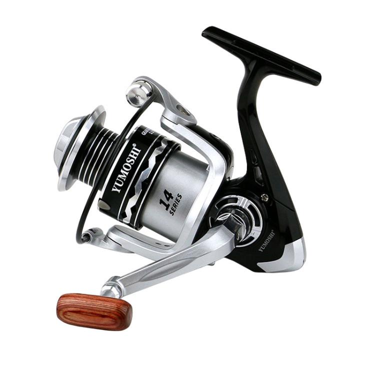 YUMOSHI Metal Spool Spinning Fishing Reel with 5.2:1 Gear Ratio, Foldable Handle & Wooden Grip