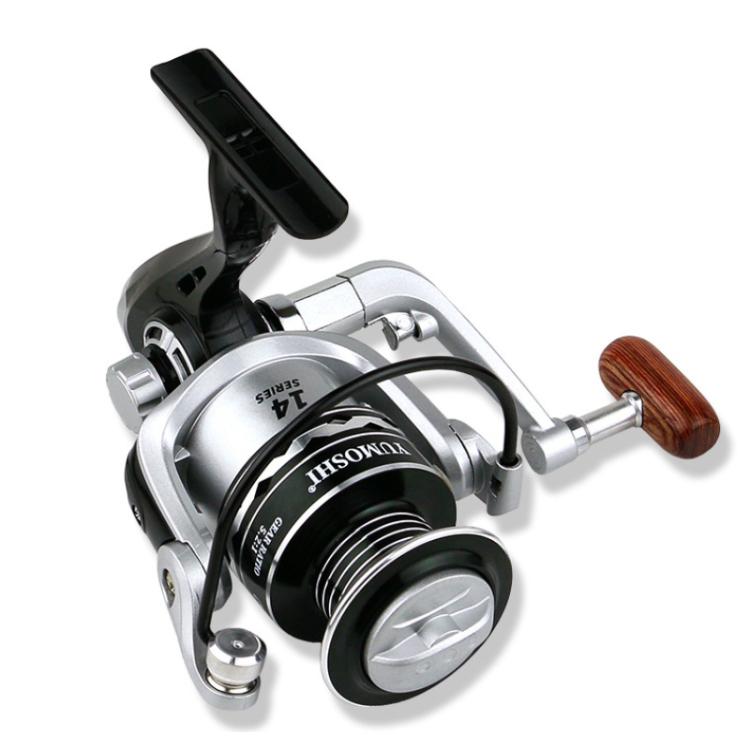 YUMOSHI Metal Spool Spinning Fishing Reel with 5.2:1 Gear Ratio, Foldable Handle & Wooden Grip