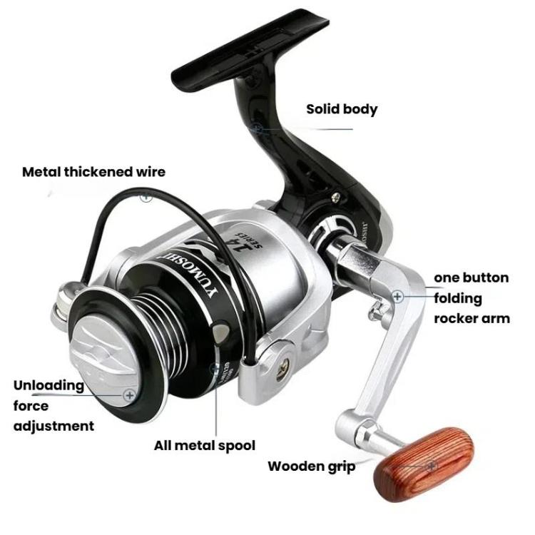 YUMOSHI Metal Spool Spinning Fishing Reel with 5.2:1 Gear Ratio, Foldable Handle & Wooden Grip