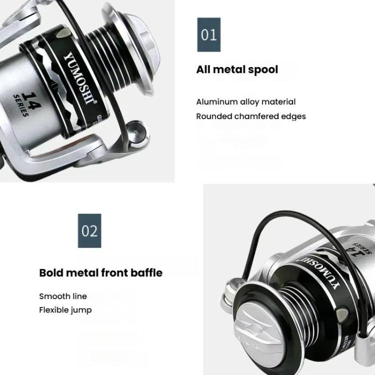 YUMOSHI Metal Spool Spinning Fishing Reel with 5.2:1 Gear Ratio, Foldable Handle & Wooden Grip