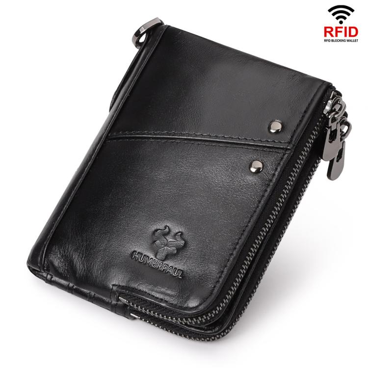 HUMERPAUL BP852 RFID Leather Anti-Theft Wallet Short Double Zipper Wallet