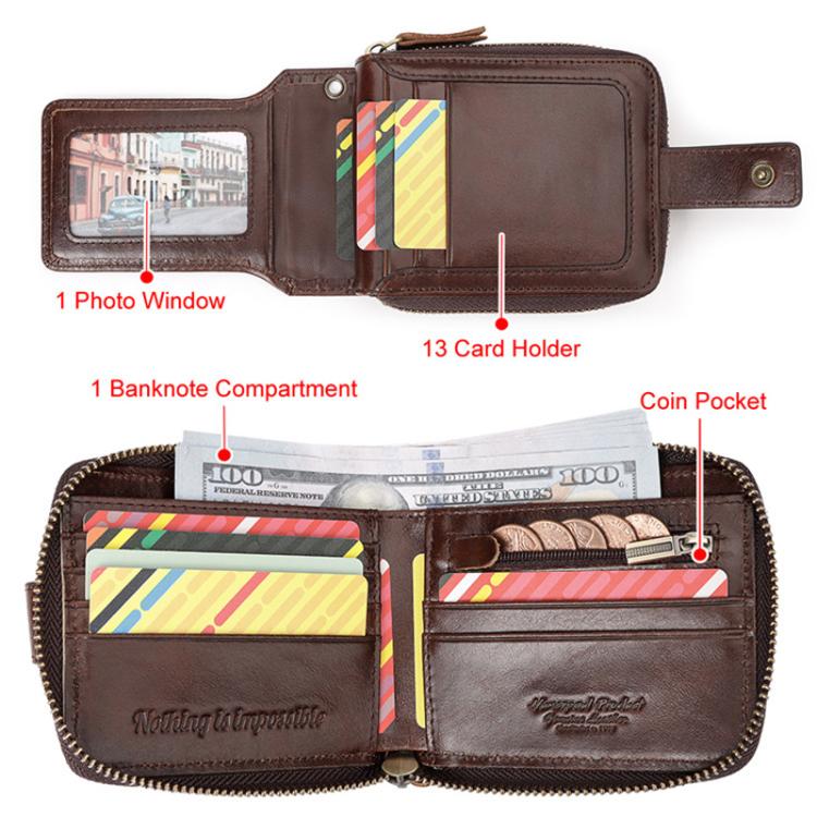 HUMERPAUL BP735 Leather Horizontal Zipper Wallet Multiple Card Slots RFID Anti-Theft Protection Men Purse