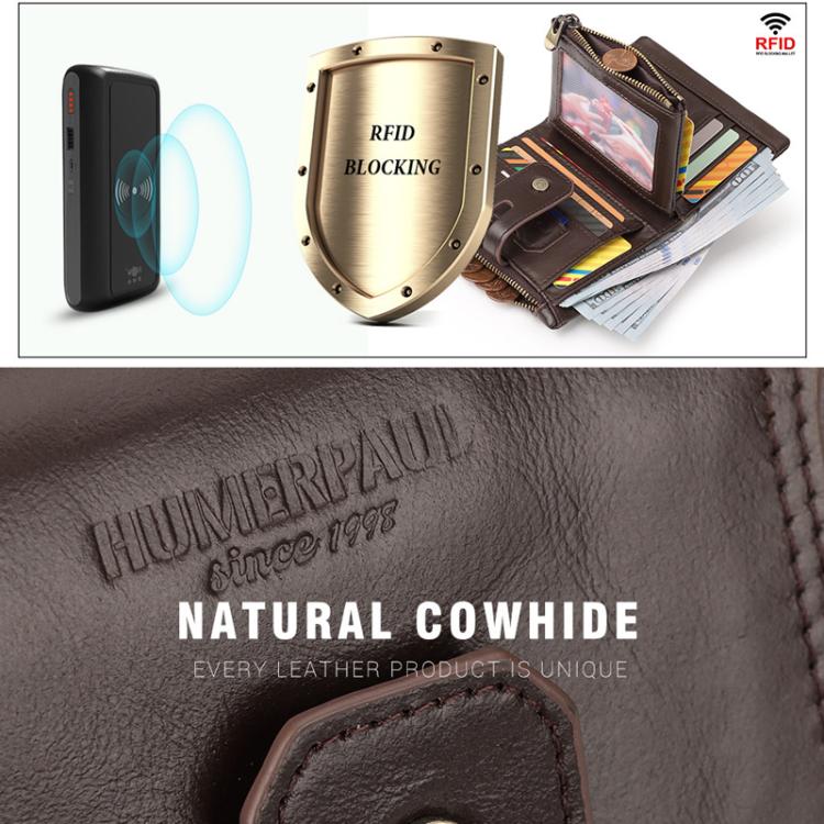 HUMERPAUL BP778 Short Leather Wallet RFID Tri-fold Double Zipper Coin Purse
