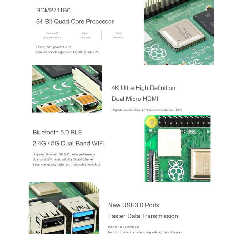BCM2711B0 64-Bit Quad-Core 4K Dual Mini HDMI For DIY, IoT, Python Development, Waveshare For Raspberry Pi 4 Model 4GB, Waveshare For Raspberry Pi 4 Model B 8GB