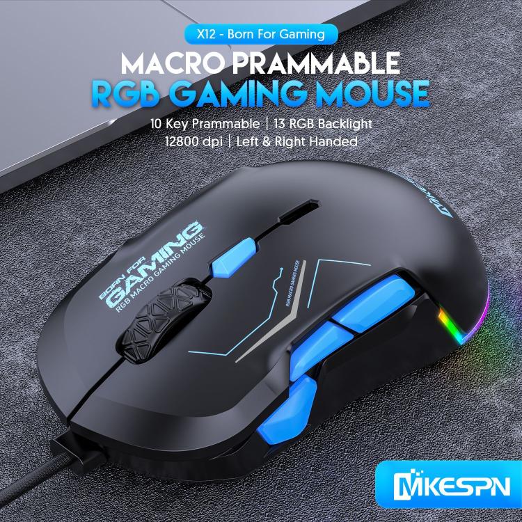 MKESPN 12800 DPI Ambidextrous Wired Gaming Mouse - 10 Programmable Buttons, RGB Customization, Symmetrical Design