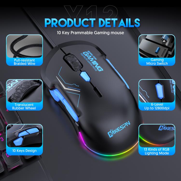MKESPN 12800 DPI Ambidextrous Wired Gaming Mouse - 10 Programmable Buttons, RGB Customization, Symmetrical Design