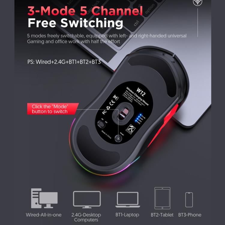 MKESPN W12 Tri-Mode 5-Channel Gaming Mouse 10-Key 10000 DPI Ambidextrous Design RGB Macro Mouse