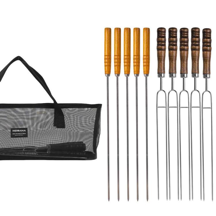 NOBANA Outdoor BBQ Grilling Fork Portable Stainless Steel Wooden Handle Grilling Skewer With Storage Bag