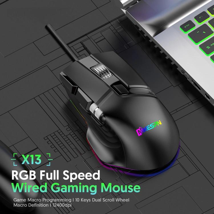 MKESPN X13 RGB Full Speed Wired Gaming Mouse 12400 DPI 10-Key Dual Scroll Wheel Swing Macro Programmable Mouse