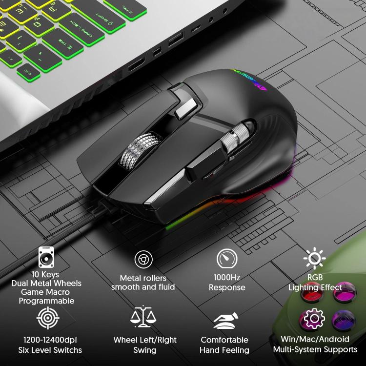 MKESPN X13 RGB Full Speed Wired Gaming Mouse 12400 DPI 10-Key Dual Scroll Wheel Swing Macro Programmable Mouse