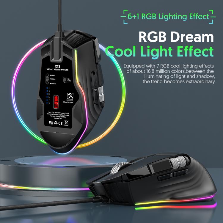 MKESPN X13 RGB Full Speed Wired Gaming Mouse 12400 DPI 10-Key Dual Scroll Wheel Swing Macro Programmable Mouse