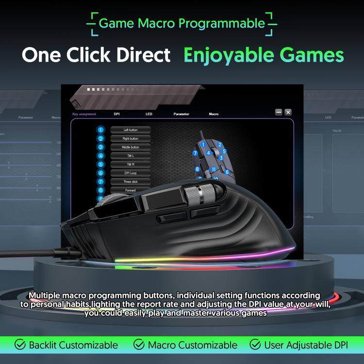MKESPN X13 RGB Full Speed Wired Gaming Mouse 12400 DPI 10-Key Dual Scroll Wheel Swing Macro Programmable Mouse