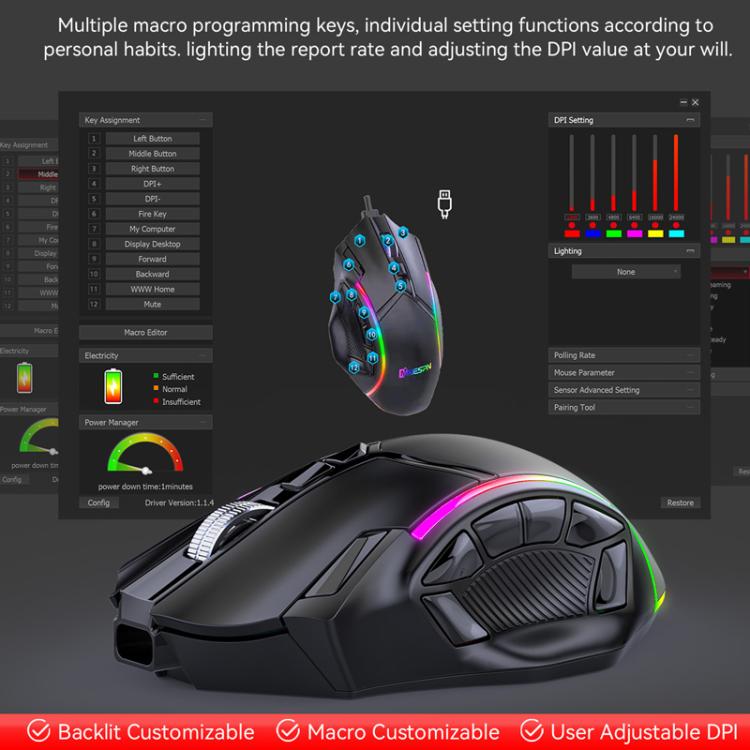 MKESPN W605 Triple-Mode 24000 DPI 12-key Wireless Gaming Mouse Macro Customization