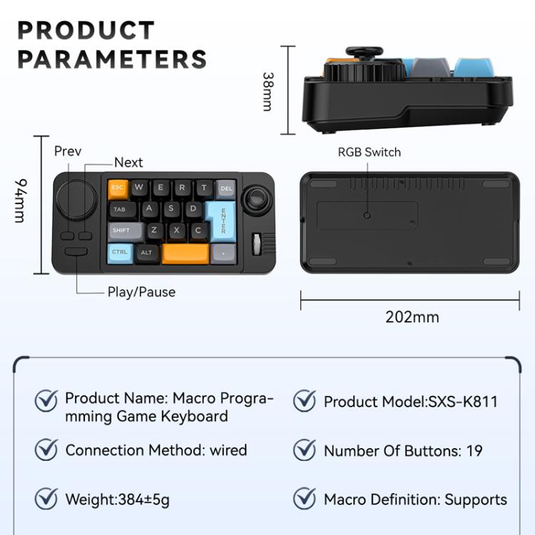 MKESPN  19-Key USB-C Wired Gaming Keyboard Macro Programmable Hot-Swappable Design with Control Knob & Joystick Scroll Wheel