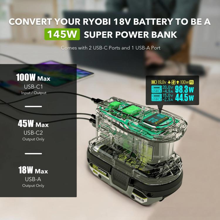 For RYOBI 18V Lithium Battery 100W Fast Charger & 145W Discharge Power Station