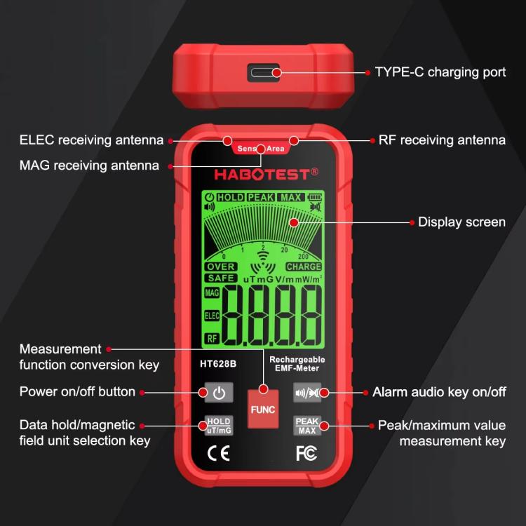 HABOTEST HT628B Multi-Field EMF Meter Rechargeable Electromagnetic Radiation Tester