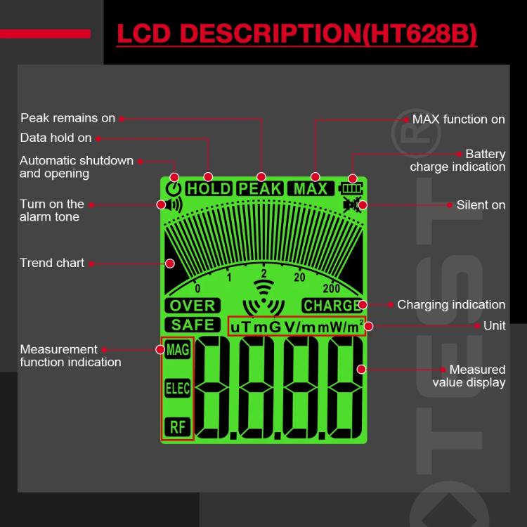 HABOTEST HT628B Multi-Field EMF Meter Rechargeable Electromagnetic Radiation Tester