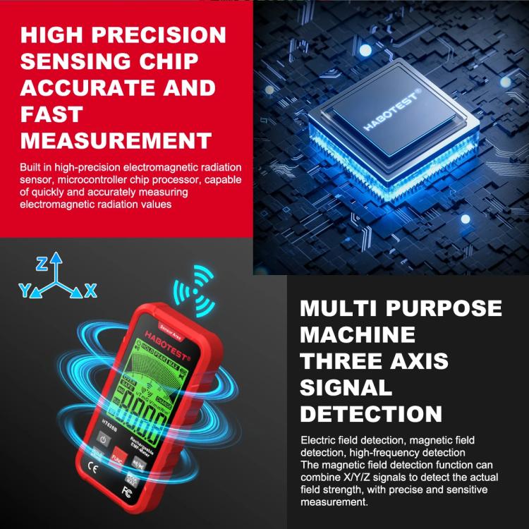 HABOTEST HT628B Multi-Field EMF Meter Rechargeable Electromagnetic Radiation Tester