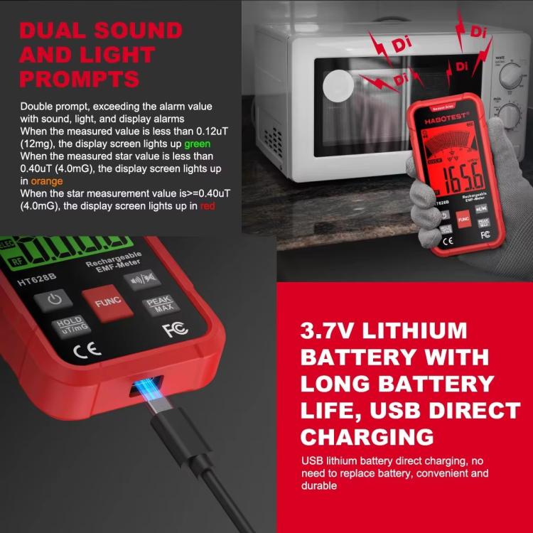 HABOTEST HT628B Multi-Field EMF Meter Rechargeable Electromagnetic Radiation Tester