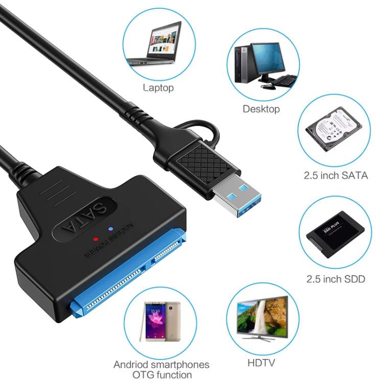 USB 3.0/USB-C to SATA 22-Pin Adapter Cable for 2.5-inch Laptop HDD/SSD