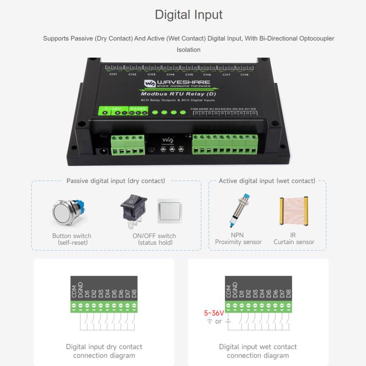 Waveshare Modbus RTU 8-Channel RS485 Relay Module With Digital Input Multi Isolation Protection Circuits, 7~36V Power Supply