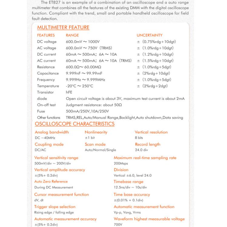 Oscilloscope Multimeter 200Msps Sampling Rate 40MHz Oscilloscope + Multimeter 2 In 1