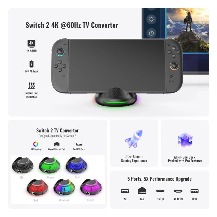 For Nintendo Switch 2 JYS 4K 60Hz TV Dock 5-In-1 HUB With Gigabit Ethernet Port RGB Ambient Lighting
