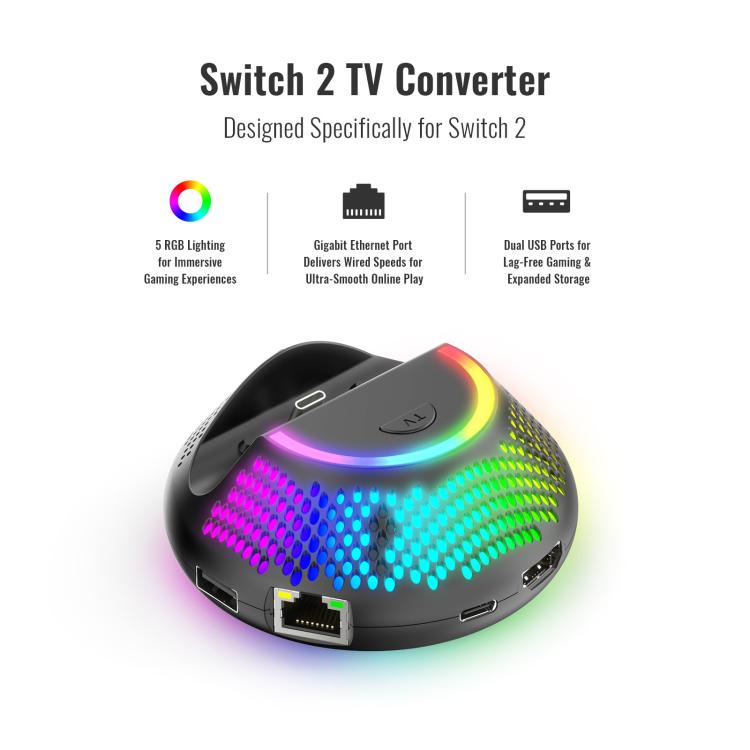 For Nintendo Switch 2 JYS 4K 60Hz TV Dock 5-In-1 HUB With Gigabit Ethernet Port RGB Ambient Lighting