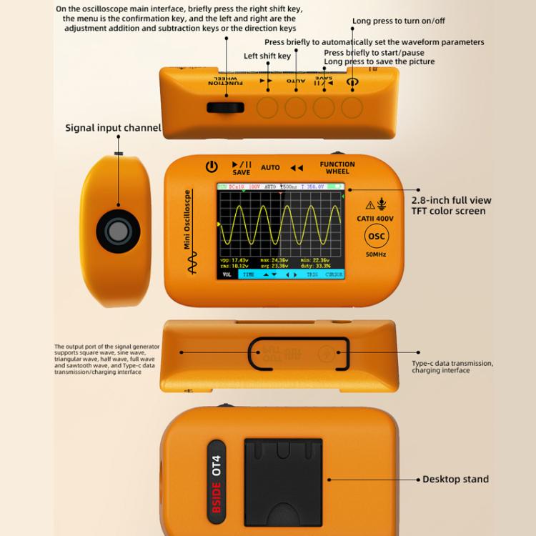 Miniature Oscilloscope Signal Generator Rechargeable Handheld Color Screen 50MHz Oscilloscope