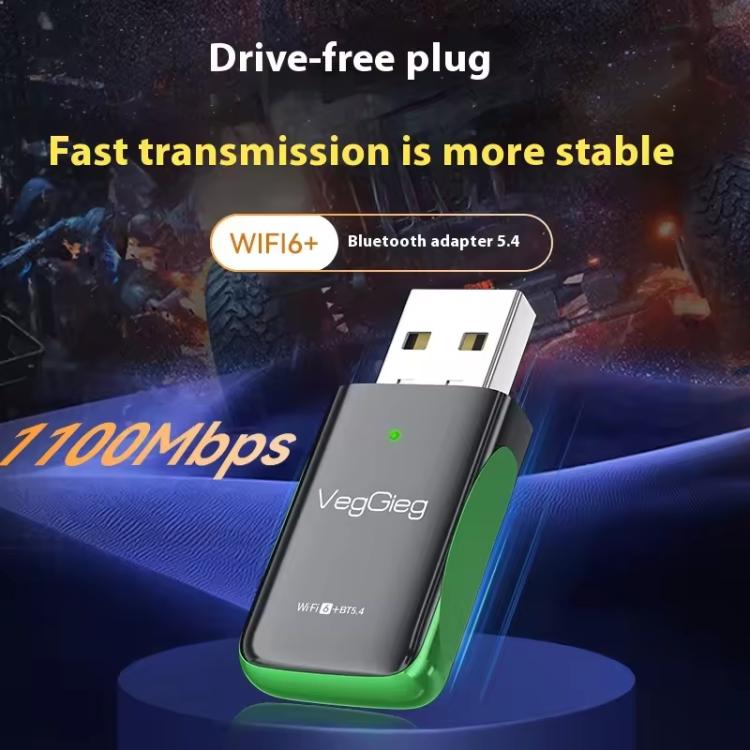 VegGieg 1100Mbps 2-in-1 WiFi 6 Bluetooth 5.4 USB Adapter Gigabit 5G Wireless Network Card for PC/Laptop