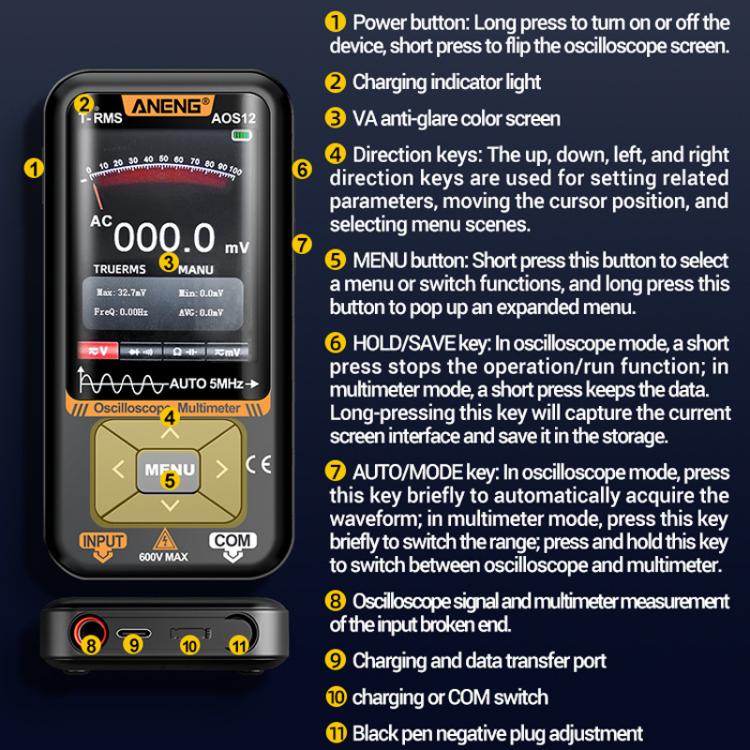 ANENG 2 In 1 Handheld Color Screen Oscilloscope Digital Multimeter