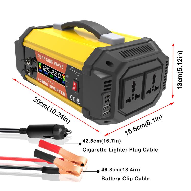 Gurxun Pure Sine Wave Inverter With Dual AC Outlets 2 USB + 2 Type-C Ports Car Power Converter