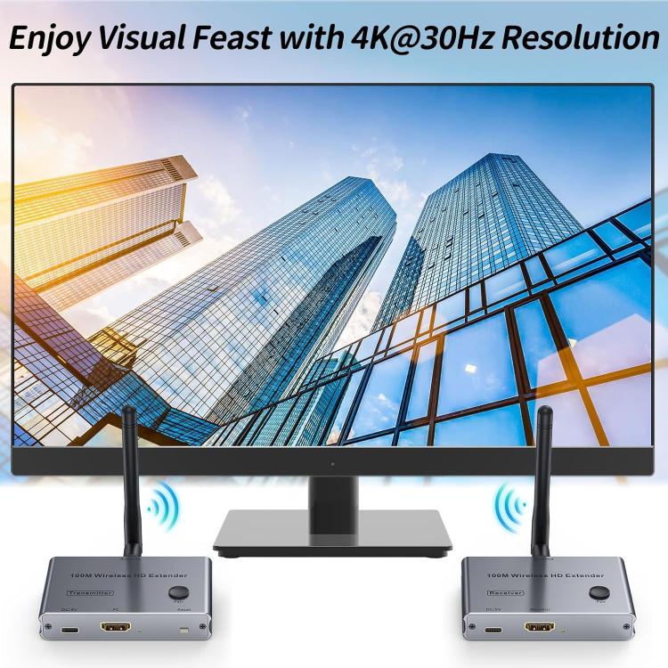2 In 1 4K 30Hz Wireless HDMI Extender 100m Point To Point HD Video Transmitter, Transmitter+Receiver