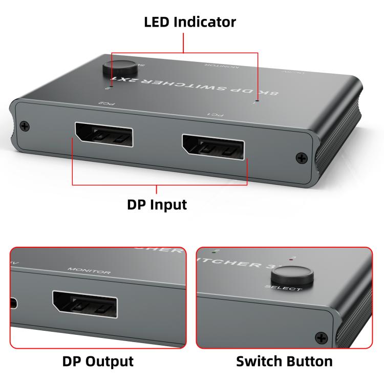 DisplayPort Switch 8K 30Hz HD Splitter For Computer Screen