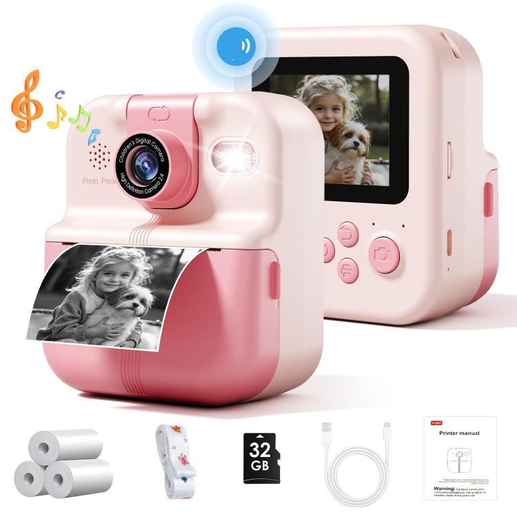 P02 Kids Instant Print Camera with 180-degree Flip Lens & 32GB Memory Card Selfie Photo Printing Toy