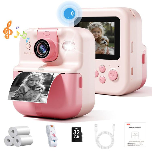 P02 Kids Instant Print Camera with 180-degree Flip Lens & 32GB Memory Card Selfie Photo Printing Toy