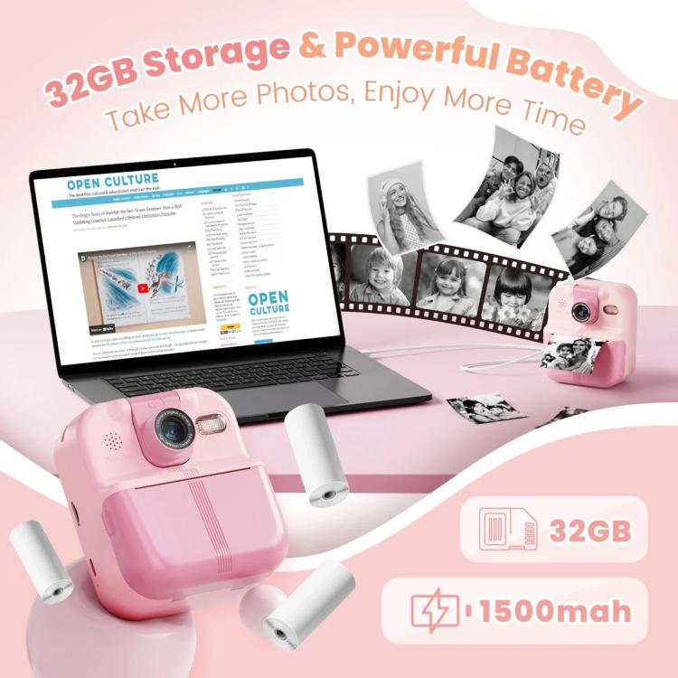 P02 Kids Instant Print Camera with 180-degree Flip Lens & 32GB Memory Card Selfie Photo Printing Toy