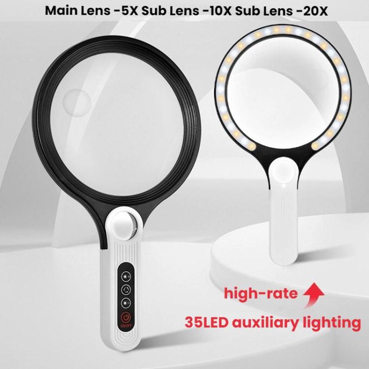 5/10/20X 13.5cm 3 Colors LED Handheld Magnifying Glass Adjustable Brightness For Reading
