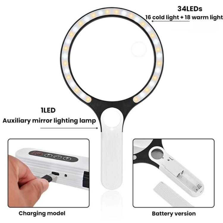 5/10/20X 13.5cm 3 Colors LED Handheld Magnifying Glass Adjustable Brightness For Reading