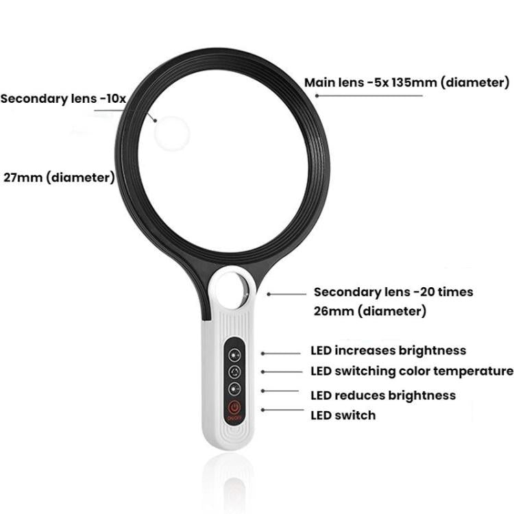 5/10/20X 13.5cm 3 Colors LED Handheld Magnifying Glass Adjustable Brightness For Reading