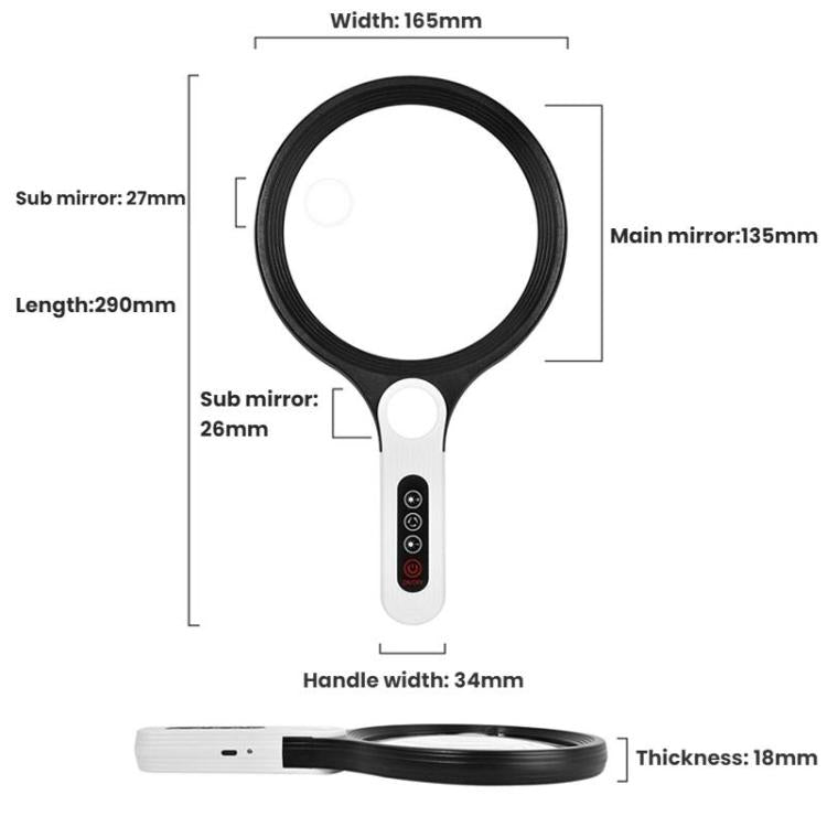 5/10/20X 13.5cm 3 Colors LED Handheld Magnifying Glass Adjustable Brightness For Reading